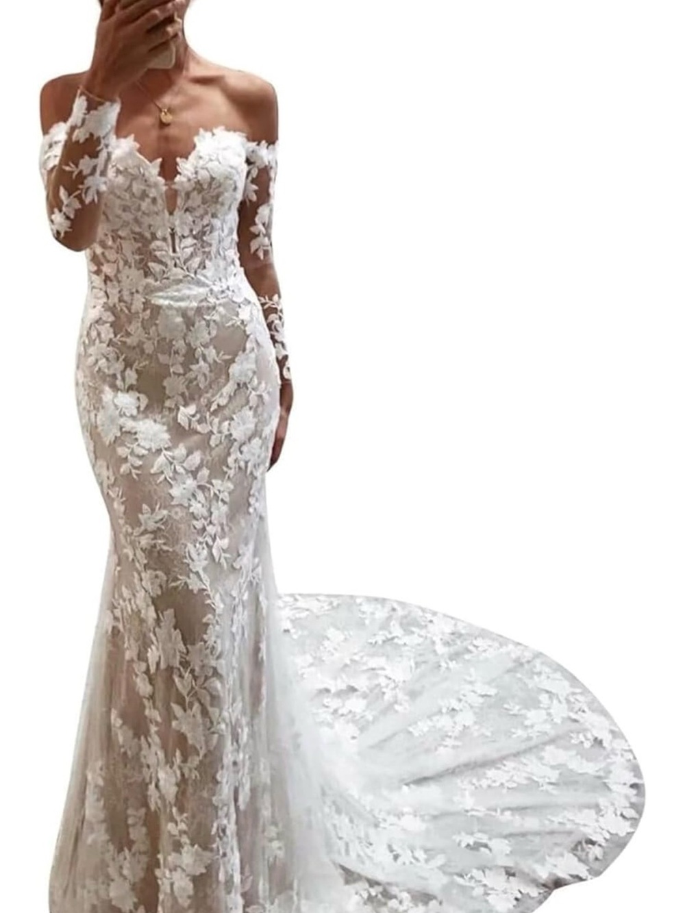 Off-Shoulder Champagne Lace Mermaid Wedding Dress